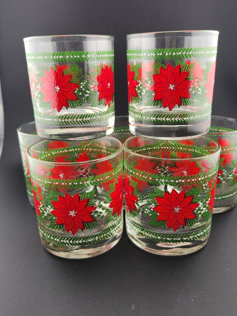 Festive Red Poinsettia Hallmark Holiday Lowball Rocks Glasses - Set of 7